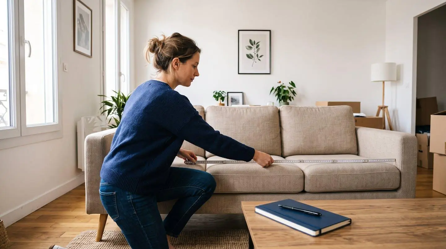 Vue de profil d'une femme d'une trentaine d'années mesurant un canapé trois places avec un mètre ruban dans un salon d'appartement marseillais, carnet et stylo posés sur la table basse au premier plan, préparation méthodique d'inventaire avant déménagement.