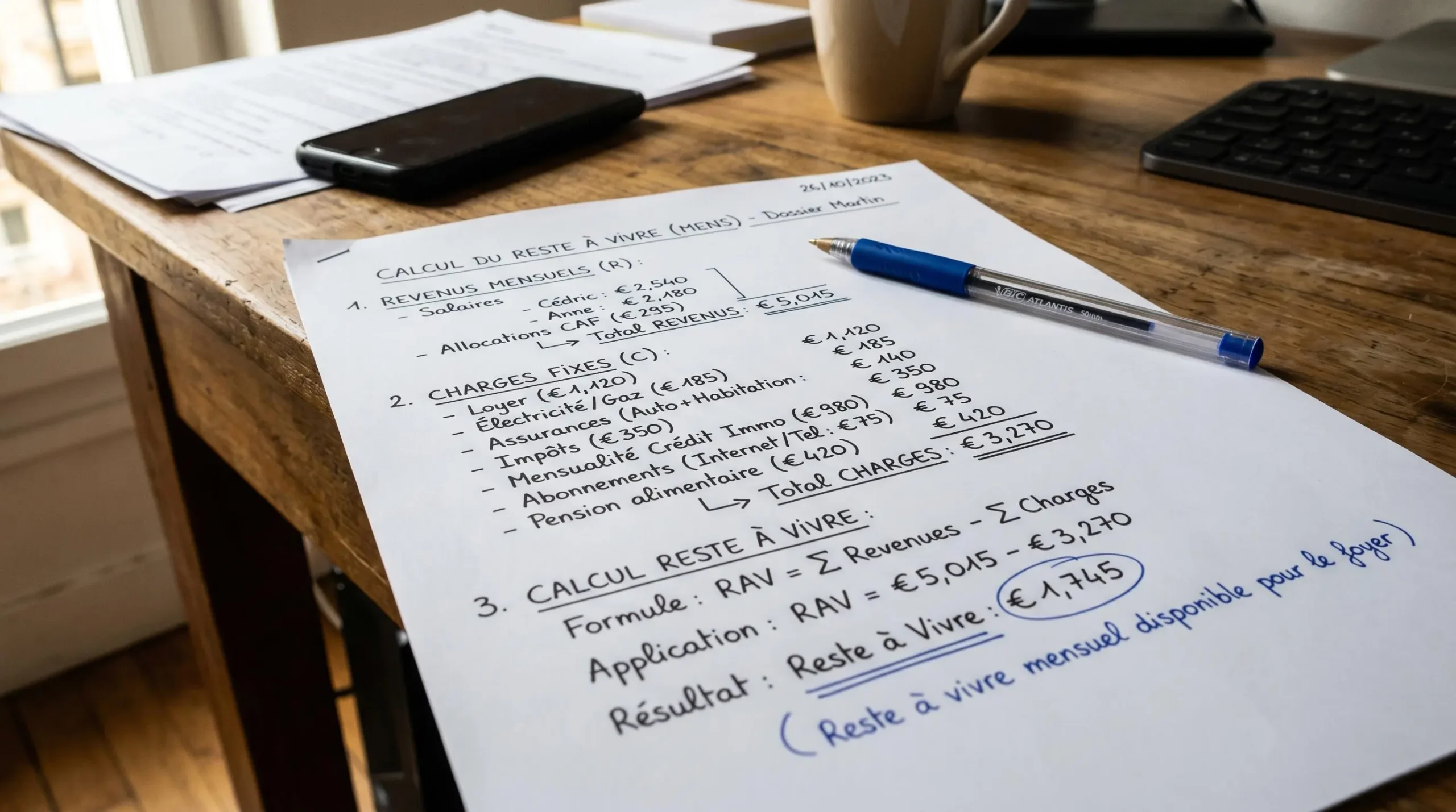 Feuille de calcul détaillant les étapes du calcul du reste à vivre avec formule et montants en français