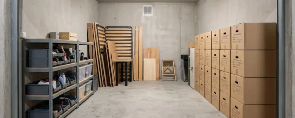Intérieur d'un box de self-stockage de 10m² bien organisé à Marseille, montrant meubles démontés empilés au fond, cartons uniformes superposés sur le côté droit, couloir central dégagé de 60cm, étagères métalliques à gauche, exploitant la hauteur disponible jusqu'à 2 mètres.