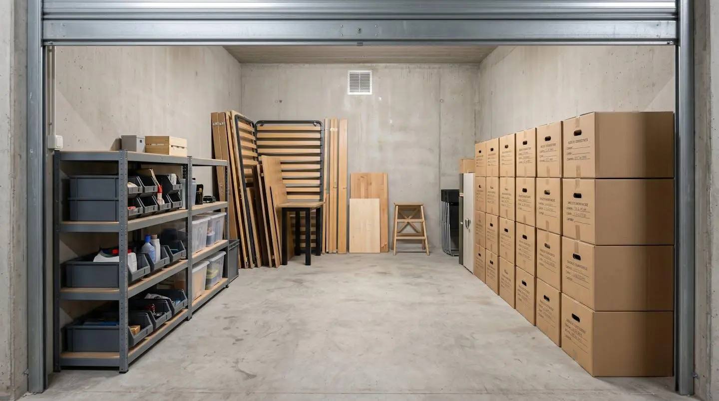 Intérieur d'un box de self-stockage de 10m² bien organisé à Marseille, montrant meubles démontés empilés au fond, cartons uniformes superposés sur le côté droit, couloir central dégagé de 60cm, étagères métalliques à gauche, exploitant la hauteur disponible jusqu'à 2 mètres.