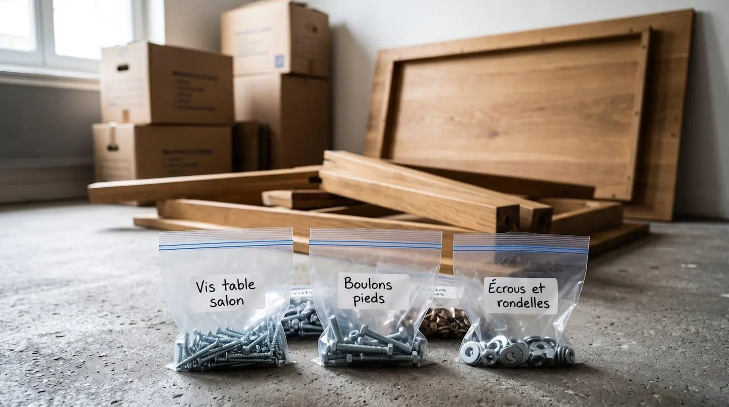 Gros plan sur une table en bois démontée posée au sol, avec trois sacs plastique transparents au premier plan contenant vis et boulons, chacun étiqueté en français ('Vis table salon', 'Boulons pieds'), cartons d'emballage en arrière-plan flou.