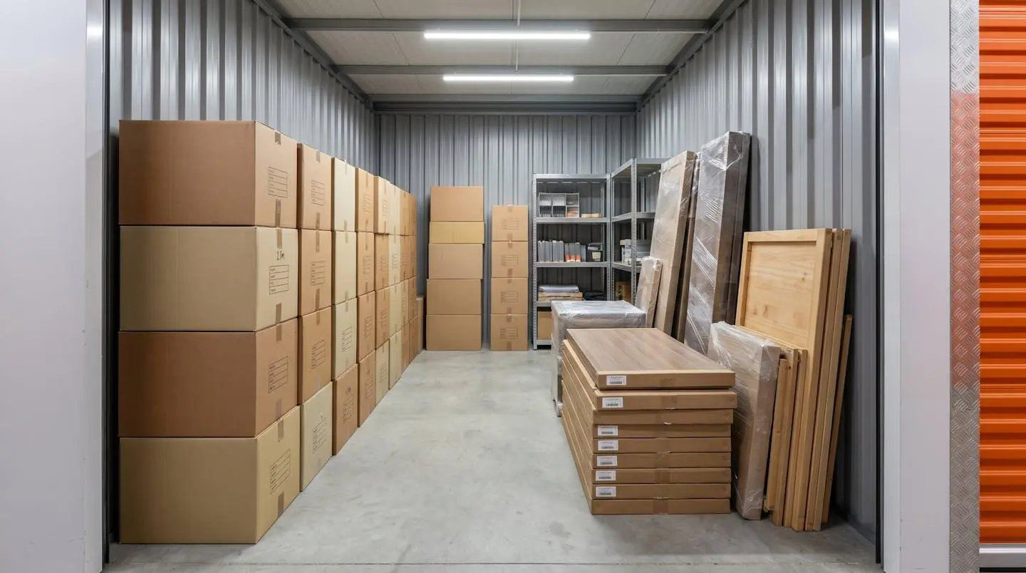 Vue en plongée de l'intérieur d'un box de stockage de 8m² montrant un couloir central dégagé de 60cm séparant des cartons uniformes empilés sur la gauche jusqu'à 1,8m de hauteur, et des meubles démontés organisés sur la droite, étagère métallique au fond, murs métalliques gris.