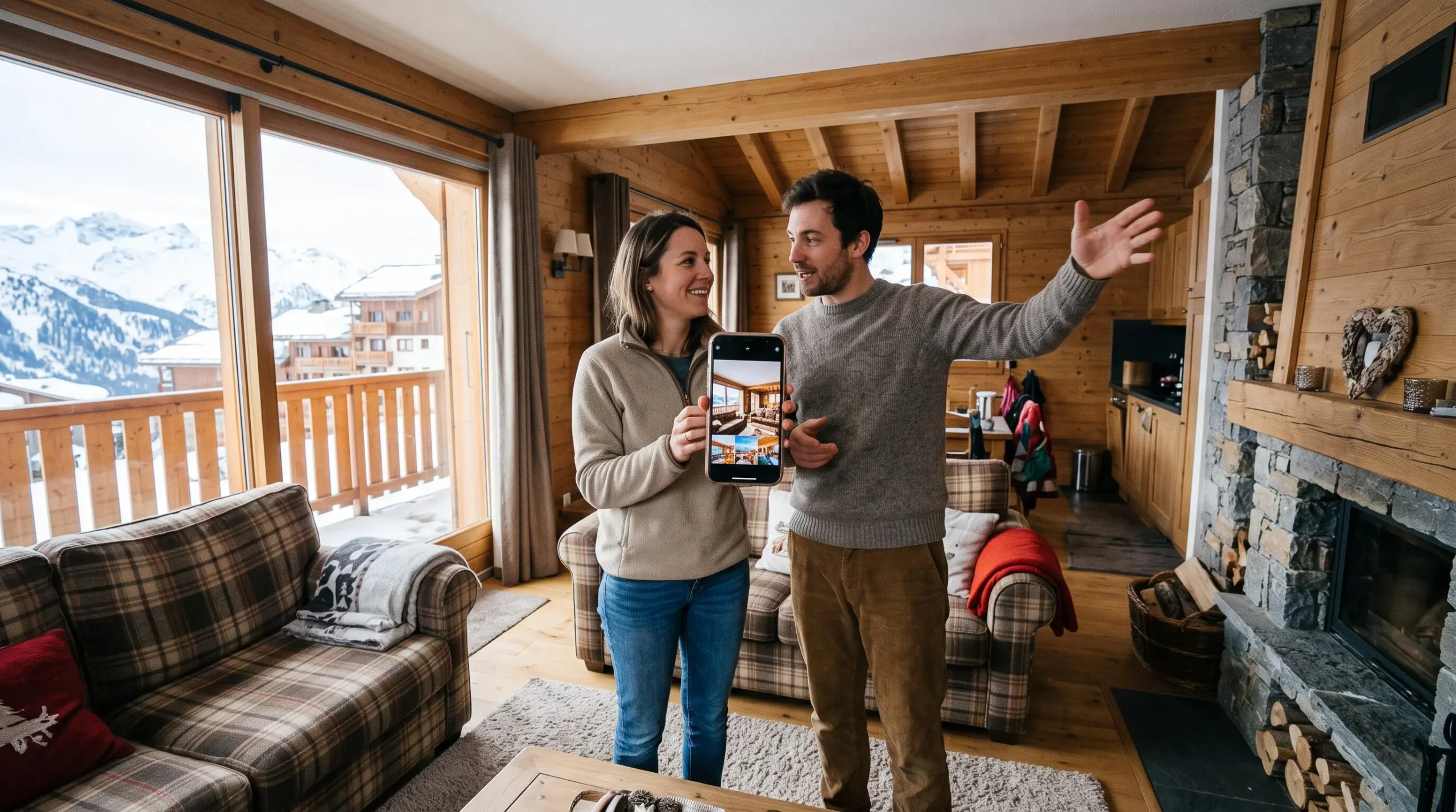 Un couple compare les photos d'une location sur smartphone avec le salon réel.